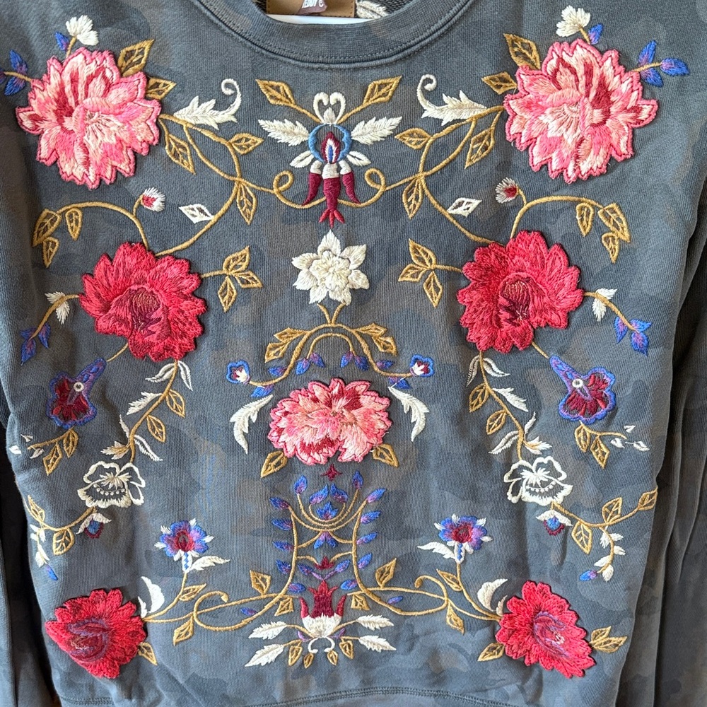 DRIFTWOOD Floral Embroidered Sweatshirt - Green Camo with Red and Pink Florals - Picture 4 of 9